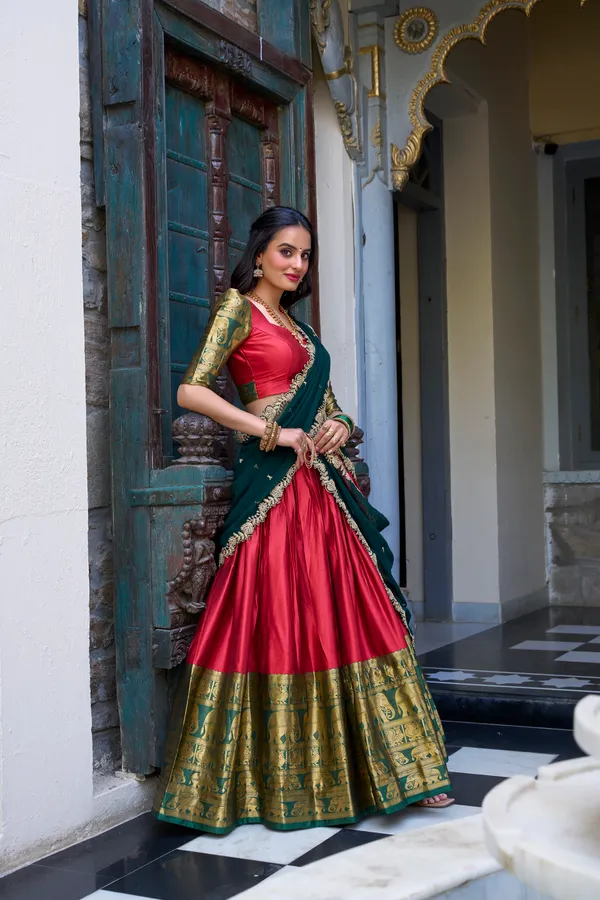 Red_Narayan_Pattu_Mustard_Yellow_Lehenga_Choli_Set_With_Pink_Dupatta_For_Women