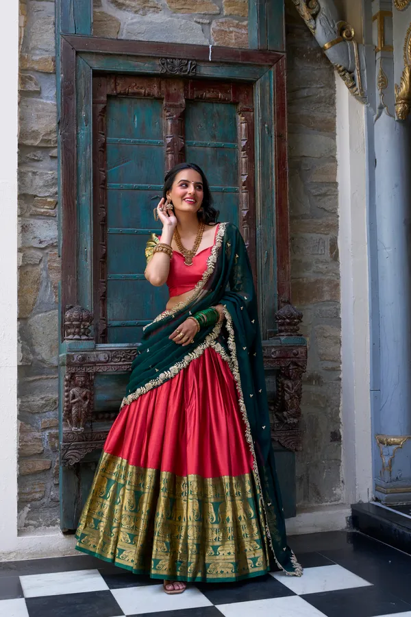 Red_Narayan_Pattu_Mustard_Yellow_Lehenga_Choli_Set_With_Pink_Dupatta_For_Women