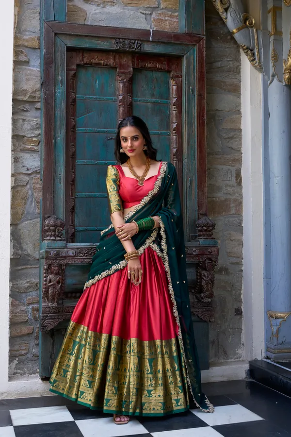Red_Narayan_Pattu_Mustard_Yellow_Lehenga_Choli_Set_With_Pink_Dupatta_For_Women