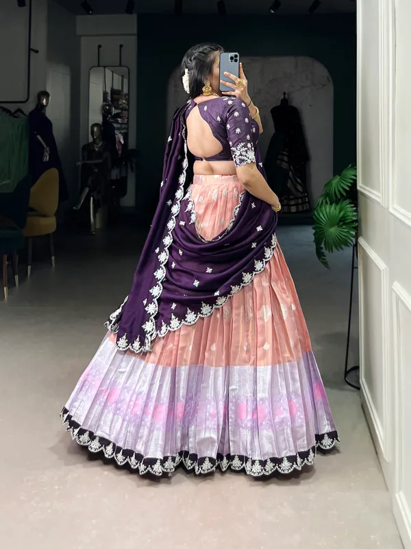 Peach_Zari_Kota_Multi_Color_Embroidery_Work_Lehenga_Choli_Set_With_Dupatta_For_Women