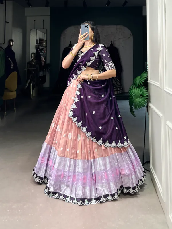 Peach_Zari_Kota_Multi_Color_Embroidery_Work_Lehenga_Choli_Set_With_Dupatta_For_Women