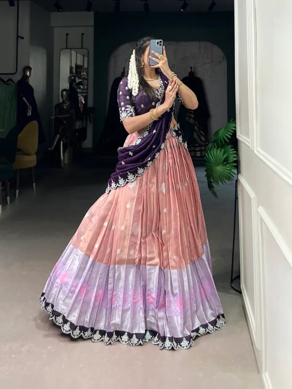 Peach_Zari_Kota_Multi_Color_Embroidery_Work_Lehenga_Choli_Set_With_Dupatta_For_Women