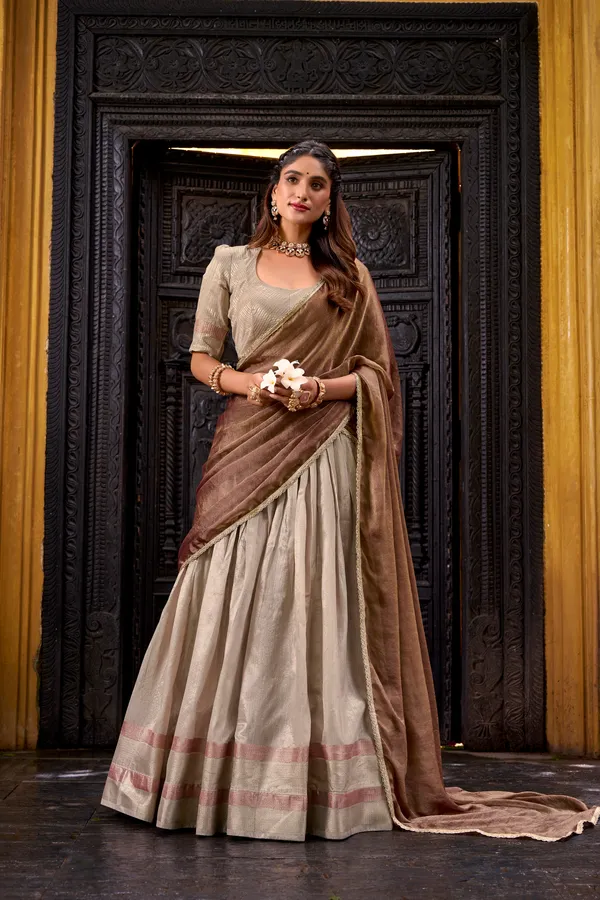 Cream_Dupion_Silk_Lehenga_Saree_With_Rich_Woven_Border_And_Contrast_Dupatta_For_Women