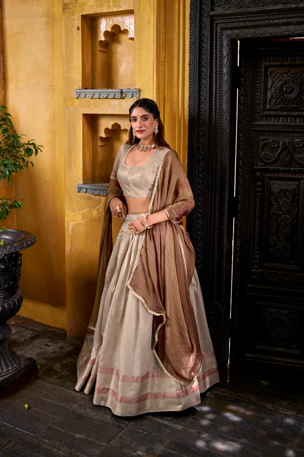 Cream_Dupion_Silk_Lehenga_Saree_With_Rich_Woven_Border_And_Contrast_Dupatta_For_Women