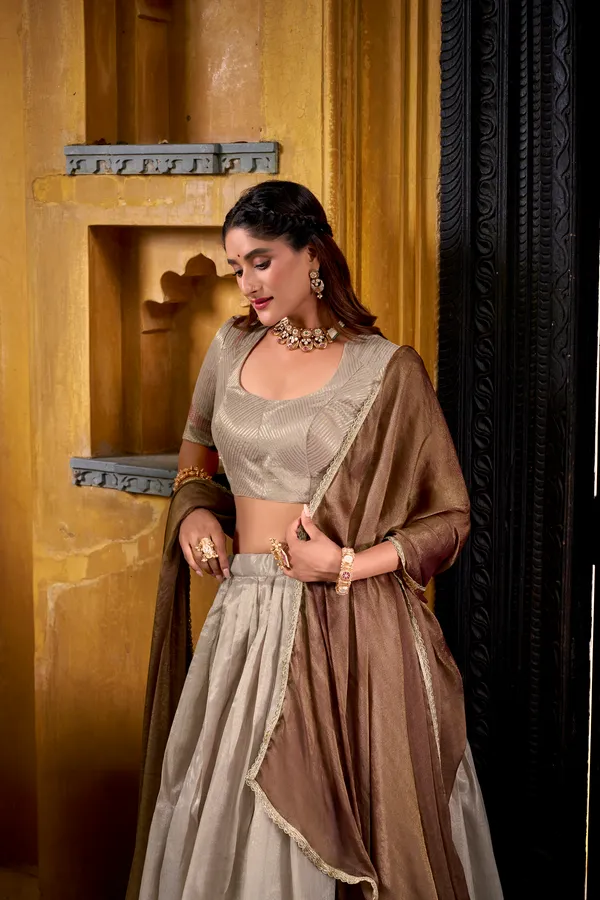 Cream_Dupion_Silk_Lehenga_Saree_With_Rich_Woven_Border_And_Contrast_Dupatta_For_Women