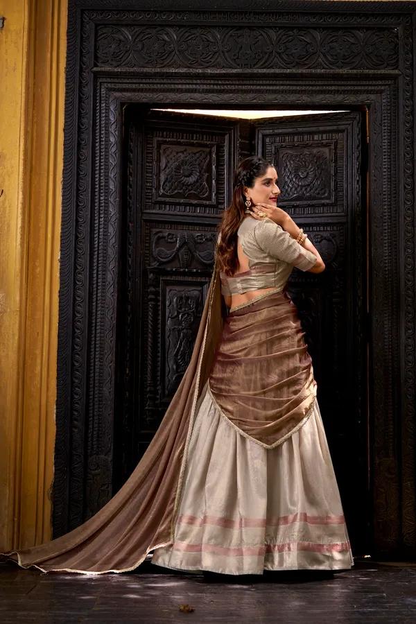 Cream_Dupion_Silk_Lehenga_Saree_With_Rich_Woven_Border_And_Contrast_Dupatta_For_Women