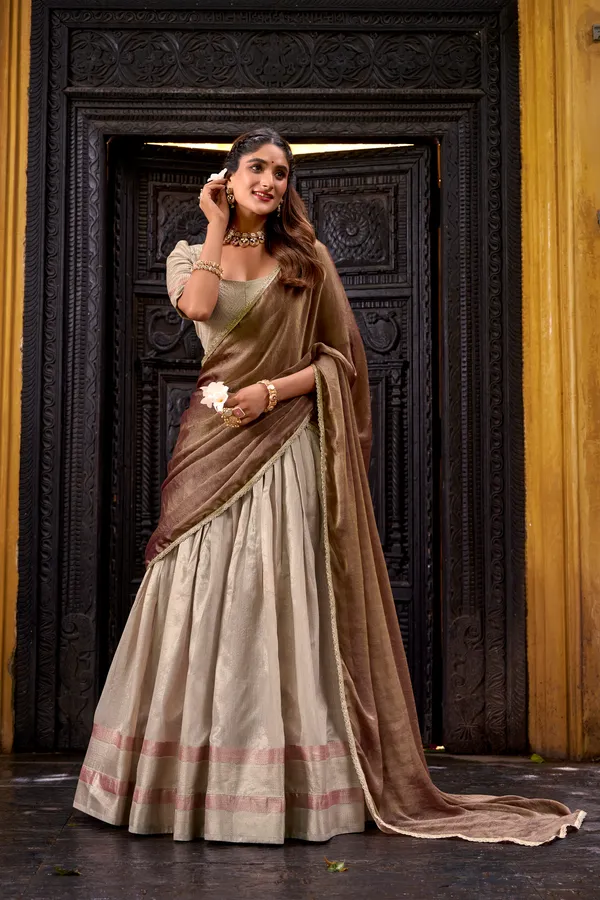 Cream_Dupion_Silk_Lehenga_Saree_With_Rich_Woven_Border_And_Contrast_Dupatta_For_Women