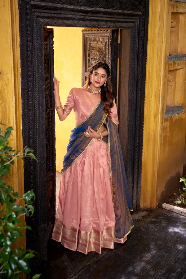 Orange_Dupion_Silk_Lehenga_Saree_With_Rich_Woven_Border_And_Contrast_Dupatta_For_Women