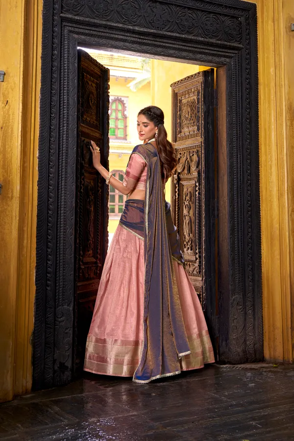 Orange_Dupion_Silk_Lehenga_Saree_With_Rich_Woven_Border_And_Contrast_Dupatta_For_Women