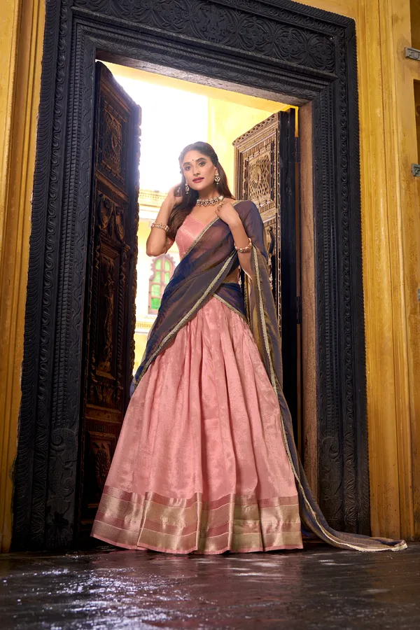 Orange_Dupion_Silk_Lehenga_Saree_With_Rich_Woven_Border_And_Contrast_Dupatta_For_Women