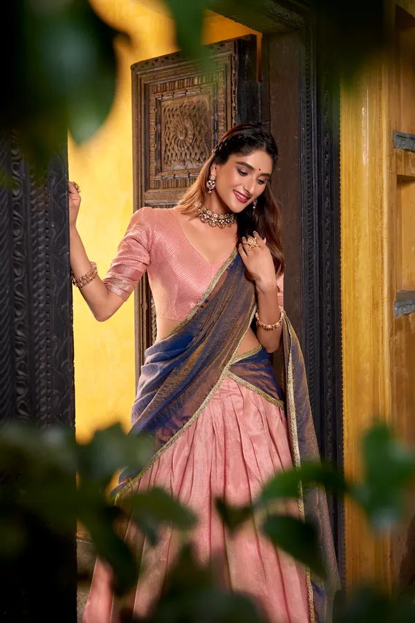 Orange_Dupion_Silk_Lehenga_Saree_With_Rich_Woven_Border_And_Contrast_Dupatta_For_Women