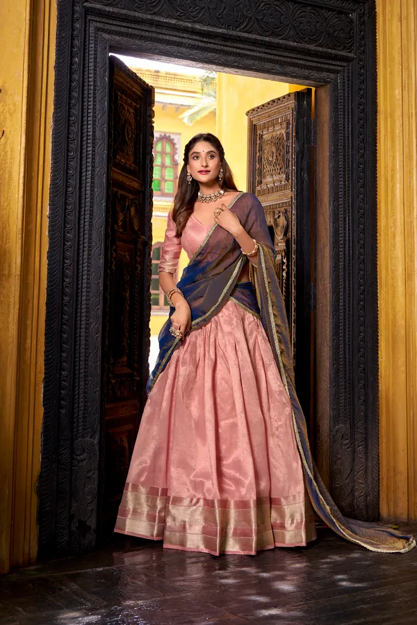Orange_Dupion_Silk_Lehenga_Saree_With_Rich_Woven_Border_And_Contrast_Dupatta_For_Women