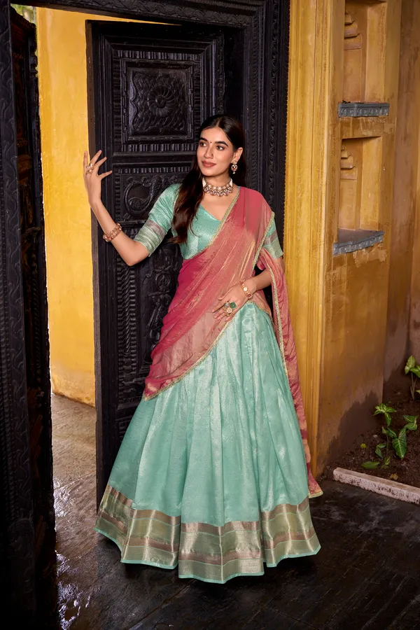 Sky_Blue_Dupion_Silk_Lehenga_Saree_With_Rich_Woven_Border_And_Contrast_Dupatta_For_Women