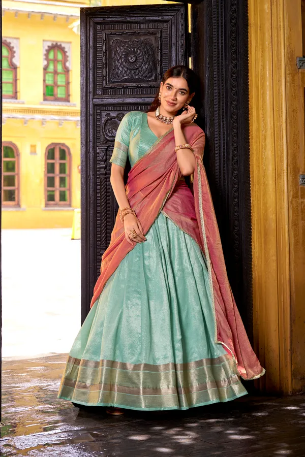 Sky_Blue_Dupion_Silk_Lehenga_Saree_With_Rich_Woven_Border_And_Contrast_Dupatta_For_Women
