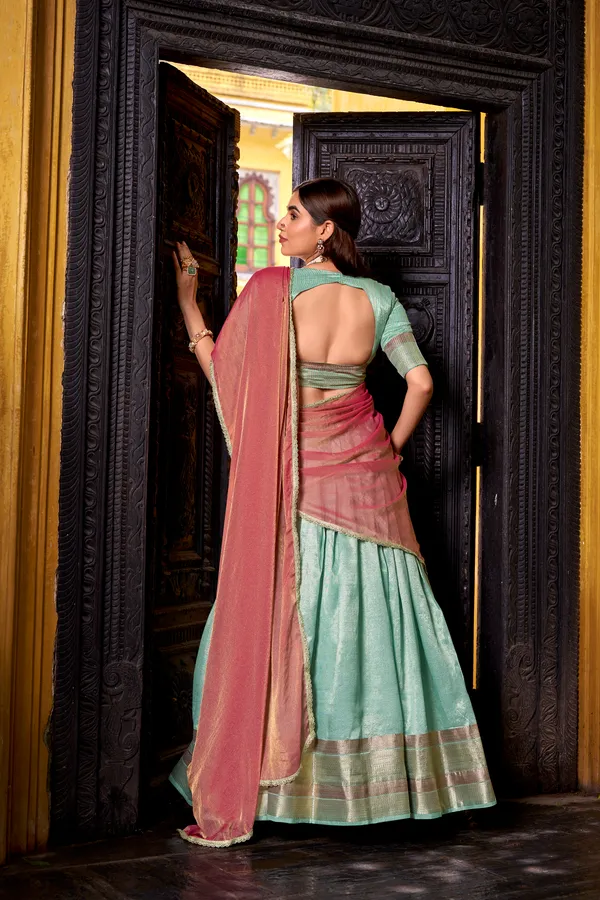 Sky_Blue_Dupion_Silk_Lehenga_Saree_With_Rich_Woven_Border_And_Contrast_Dupatta_For_Women