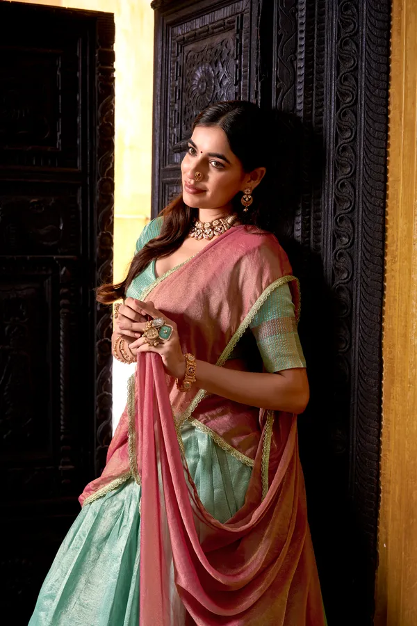 Sky_Blue_Dupion_Silk_Lehenga_Saree_With_Rich_Woven_Border_And_Contrast_Dupatta_For_Women