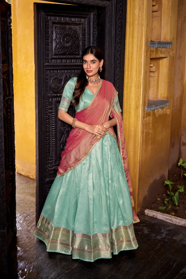 Sky_Blue_Dupion_Silk_Lehenga_Saree_With_Rich_Woven_Border_And_Contrast_Dupatta_For_Women