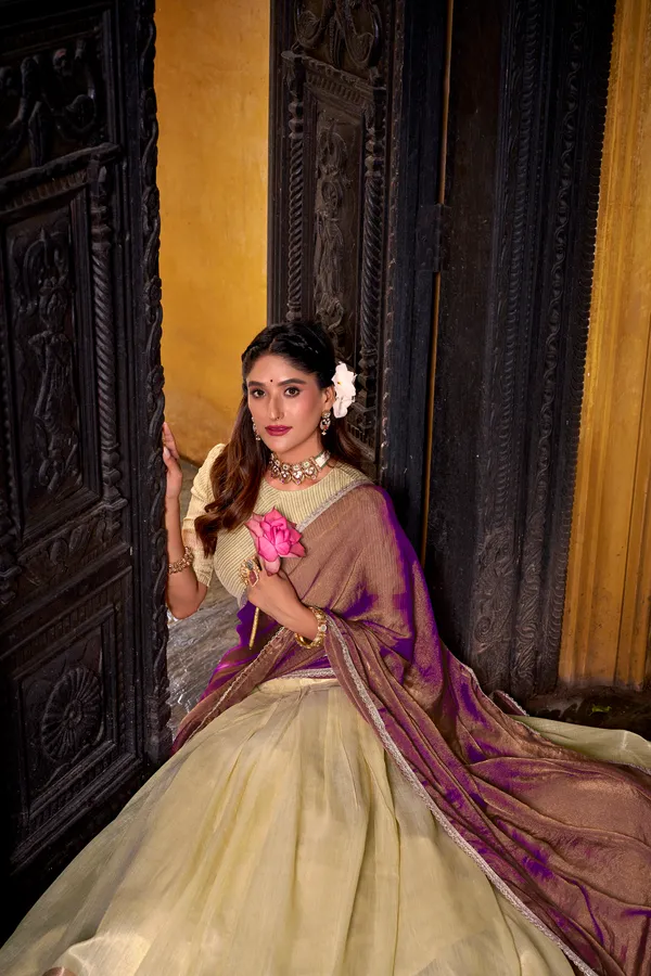 Yellow_Dupion_Silk_Lehenga_Saree_With_Rich_Woven_Border_And_Contrast_Dupatta_For_Women