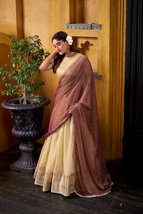 Yellow_Dupion_Silk_Lehenga_Saree_With_Rich_Woven_Border_And_Contrast_Dupatta_For_Women