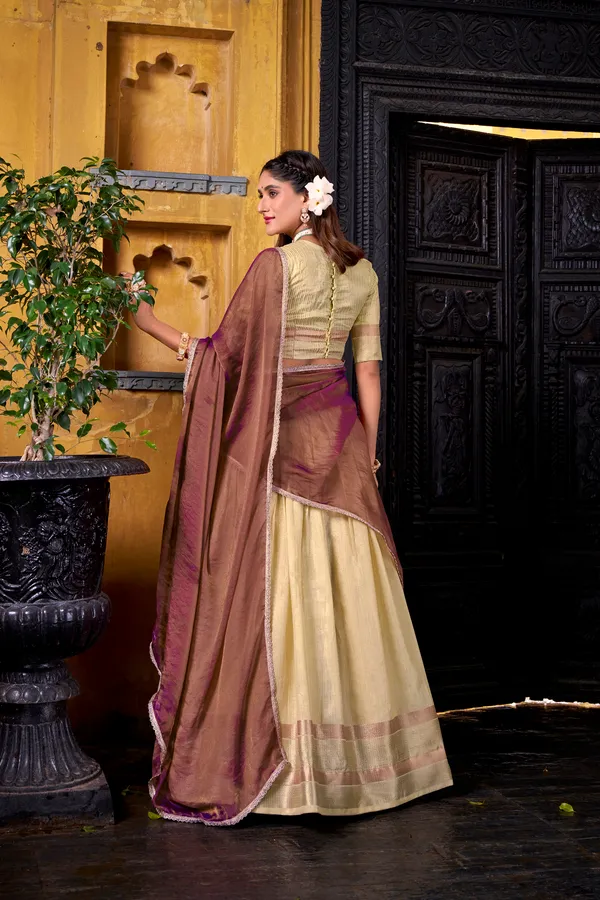 Yellow_Dupion_Silk_Lehenga_Saree_With_Rich_Woven_Border_And_Contrast_Dupatta_For_Women