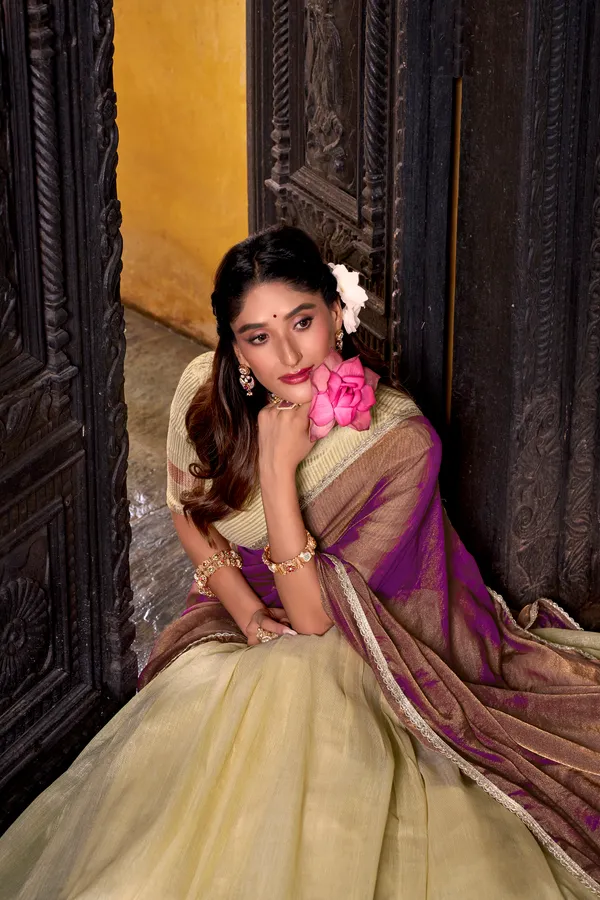 Yellow_Dupion_Silk_Lehenga_Saree_With_Rich_Woven_Border_And_Contrast_Dupatta_For_Women