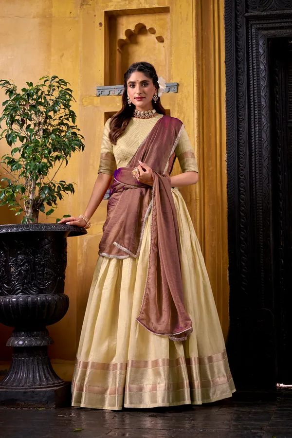 Yellow_Dupion_Silk_Lehenga_Saree_With_Rich_Woven_Border_And_Contrast_Dupatta_For_Women