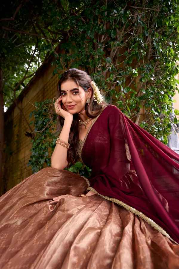 Peach_Dupion_Silk_Lehenga_Saree_With_Rich_Weaving_Work_And_Contrast_Dupatta_For_Women