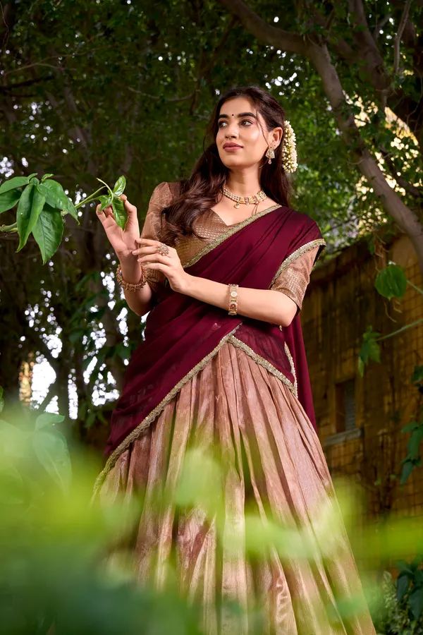 Peach_Dupion_Silk_Lehenga_Saree_With_Rich_Weaving_Work_And_Contrast_Dupatta_For_Women