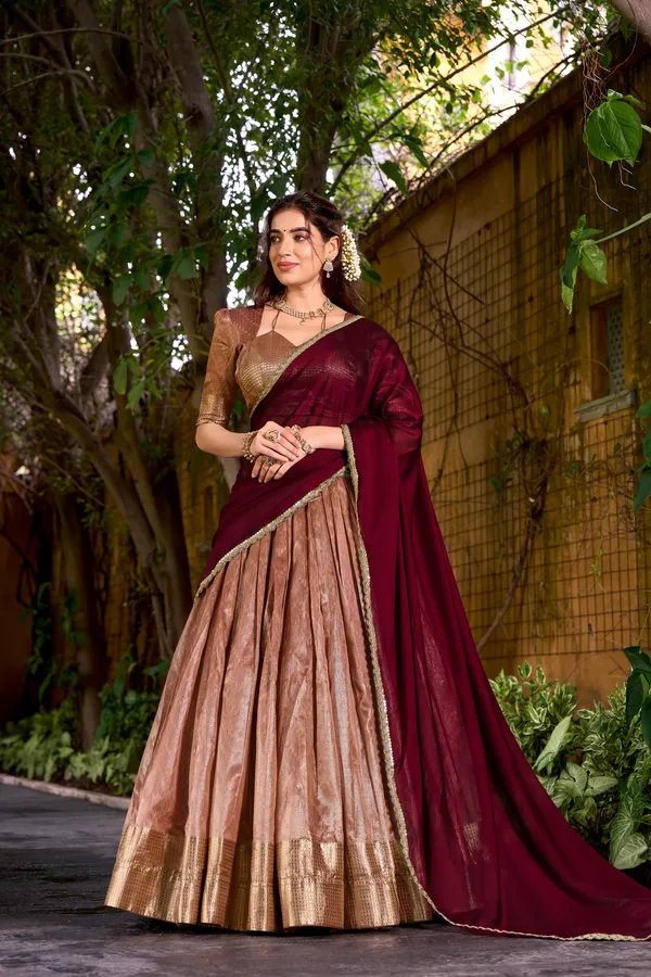 Peach_Dupion_Silk_Lehenga_Saree_With_Rich_Weaving_Work_And_Contrast_Dupatta_For_Women
