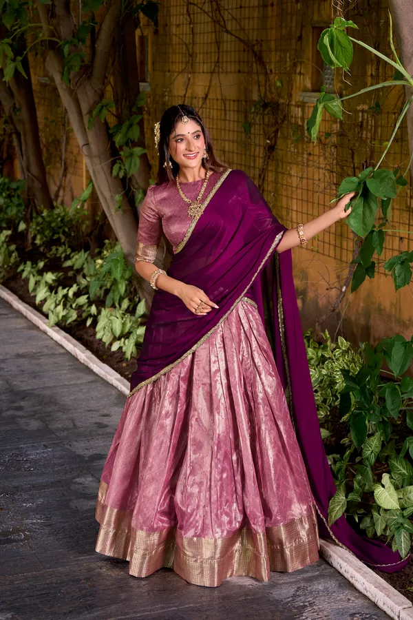 Pink_Dupion_Silk_Lehenga_Saree_With_Rich_Weaving_Work_And_Contrast_Dupatta_For_Women