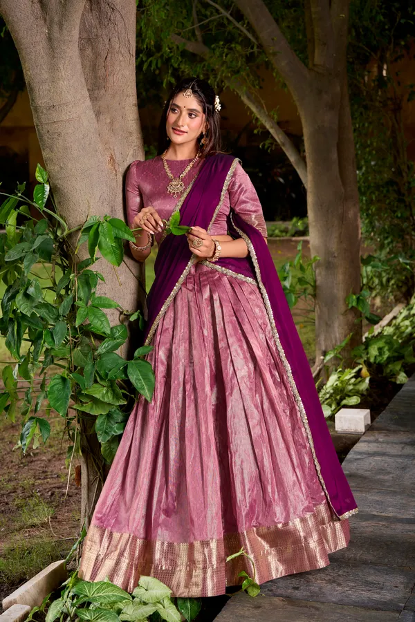 Pink_Dupion_Silk_Lehenga_Saree_With_Rich_Weaving_Work_And_Contrast_Dupatta_For_Women