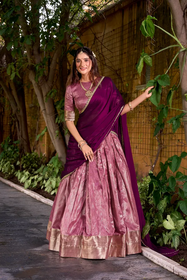 Pink_Dupion_Silk_Lehenga_Saree_With_Rich_Weaving_Work_And_Contrast_Dupatta_For_Women