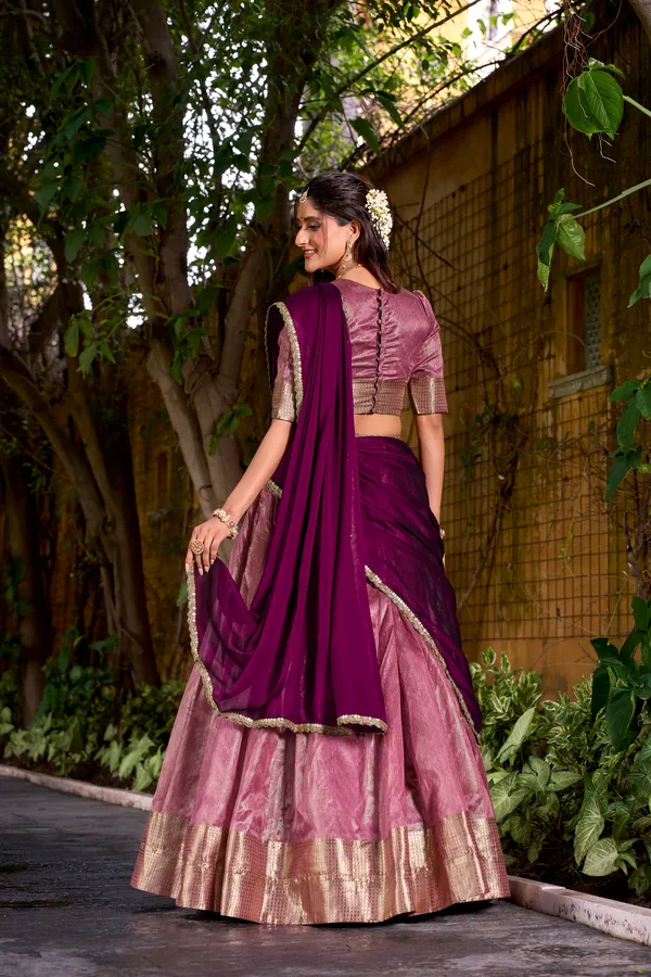 Pink_Dupion_Silk_Lehenga_Saree_With_Rich_Weaving_Work_And_Contrast_Dupatta_For_Women