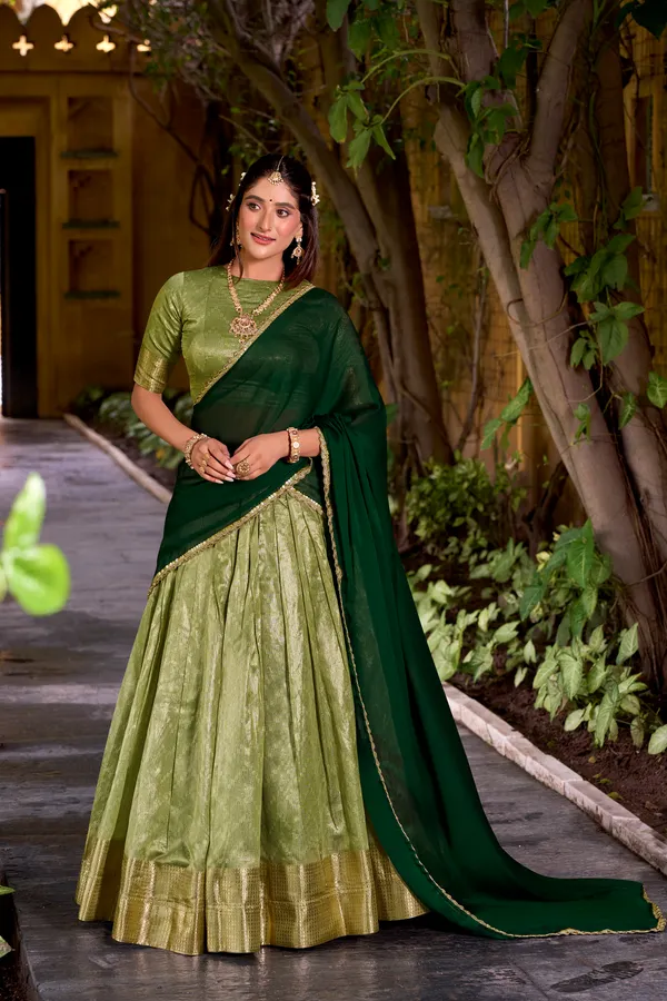 Pista_Dupion_Silk_Lehenga_Saree_With_Rich_Weaving_Work_And_Contrast_Dupatta_For_Women