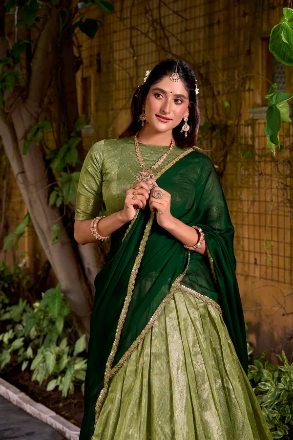 Pista_Dupion_Silk_Lehenga_Saree_With_Rich_Weaving_Work_And_Contrast_Dupatta_For_Women