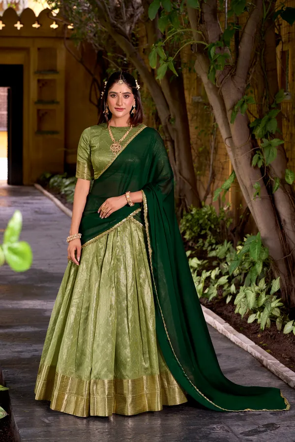 Pista_Dupion_Silk_Lehenga_Saree_With_Rich_Weaving_Work_And_Contrast_Dupatta_For_Women