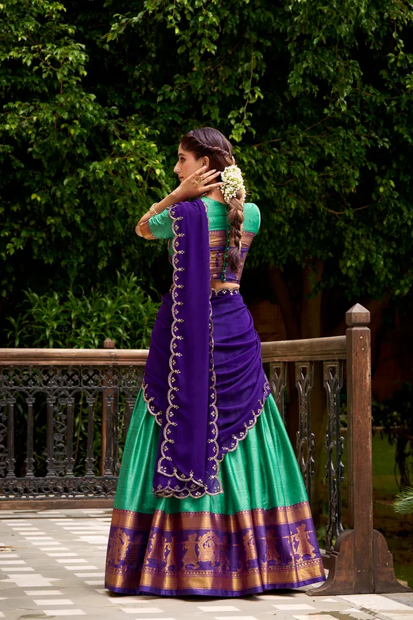 Rama_Poly_Cotton_Silk_Lehenga_Saree_With_Rich_Weaving_Work_And_Contrast_Dupatta_For_Women