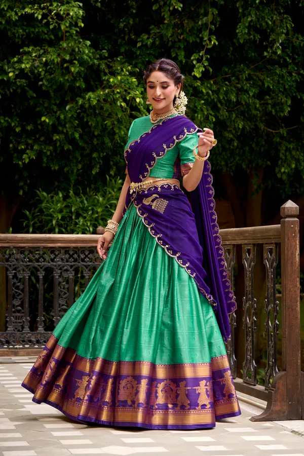 Rama_Poly_Cotton_Silk_Lehenga_Saree_With_Rich_Weaving_Work_And_Contrast_Dupatta_For_Women