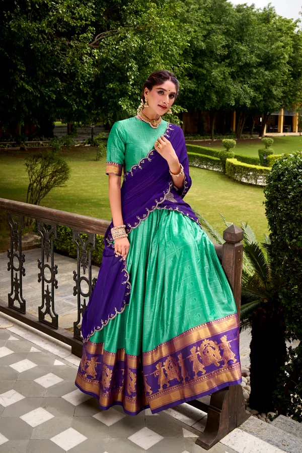 Rama_Poly_Cotton_Silk_Lehenga_Saree_With_Rich_Weaving_Work_And_Contrast_Dupatta_For_Women