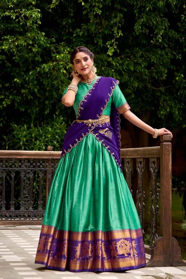 Rama_Poly_Cotton_Silk_Lehenga_Saree_With_Rich_Weaving_Work_And_Contrast_Dupatta_For_Women