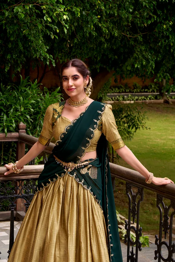 Cream_Poly_Cotton_Silk_Lehenga_Saree_With_Rich_Weaving_Work_And_Contrast_Dupatta_For_Women