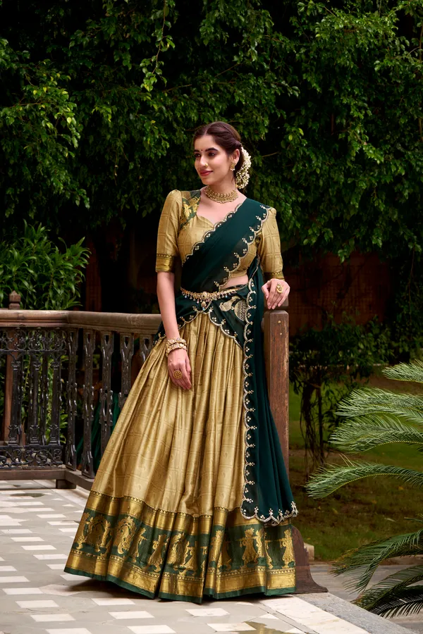 Cream_Poly_Cotton_Silk_Lehenga_Saree_With_Rich_Weaving_Work_And_Contrast_Dupatta_For_Women