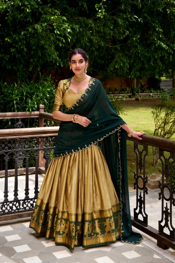 Cream_Poly_Cotton_Silk_Lehenga_Saree_With_Rich_Weaving_Work_And_Contrast_Dupatta_For_Women