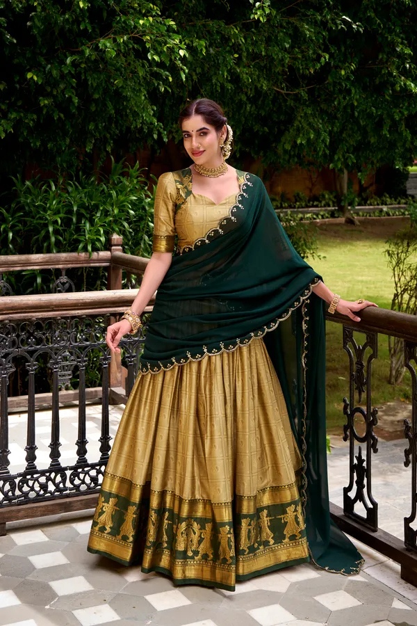 Cream_Poly_Cotton_Silk_Lehenga_Saree_With_Rich_Weaving_Work_And_Contrast_Dupatta_For_Women