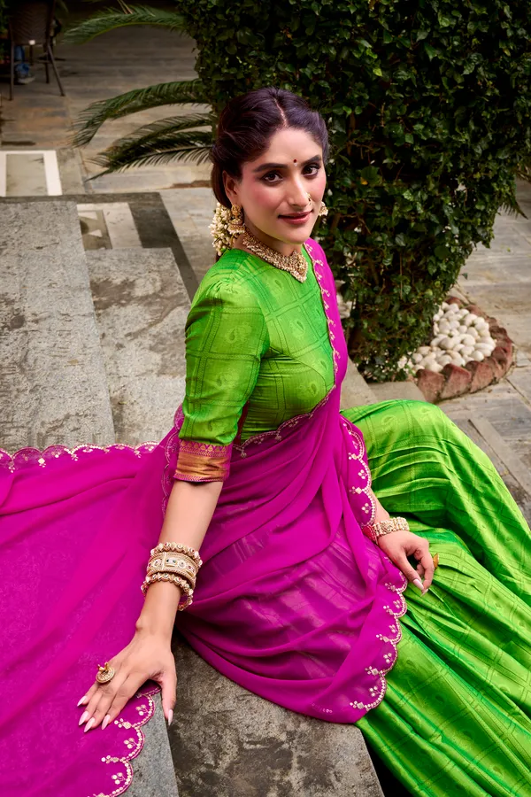 Green_Poly_Cotton_Silk_Lehenga_Saree_With_Rich_Weaving_Work_And_Contrast_Dupatta_For_Women