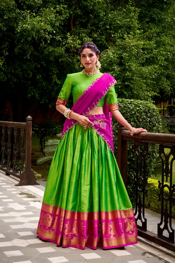 Green_Poly_Cotton_Silk_Lehenga_Saree_With_Rich_Weaving_Work_And_Contrast_Dupatta_For_Women