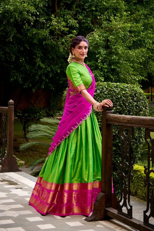 Green_Poly_Cotton_Silk_Lehenga_Saree_With_Rich_Weaving_Work_And_Contrast_Dupatta_For_Women