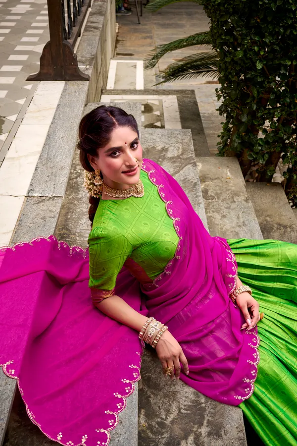 Green_Poly_Cotton_Silk_Lehenga_Saree_With_Rich_Weaving_Work_And_Contrast_Dupatta_For_Women
