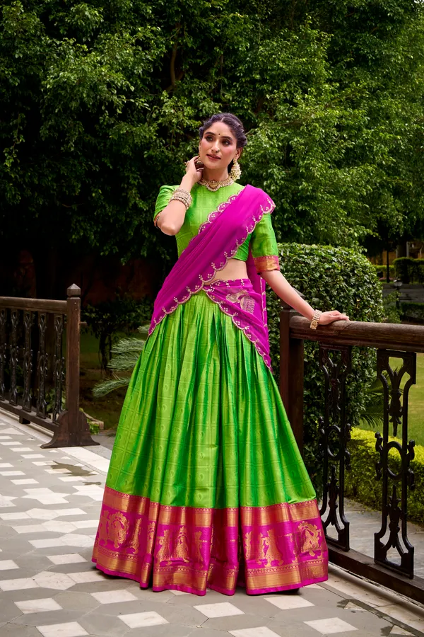 Green_Poly_Cotton_Silk_Lehenga_Saree_With_Rich_Weaving_Work_And_Contrast_Dupatta_For_Women