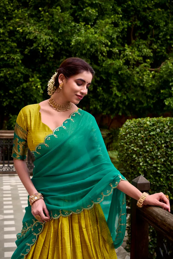Yellow_Poly_Cotton_Silk_Lehenga_Saree_With_Rich_Weaving_Work_And_Contrast_Dupatta_For_Women